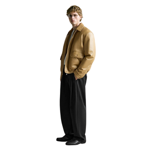Men's Tan Genuine Leather Streetwear Jacket Spread Collar <b>Zip</b> Front Button Flap Pockets Relaxed Fit Elastic Hem Custom Outerwear - Product Image 6