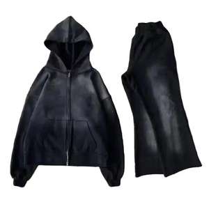 Chándal unisex vintage elegante con efecto lavado, estampado en relieve y pedrería, pantalones de chándal acampanados con lavado ácido, chándal oversize - Product Image 1