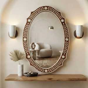 Prix de gros usine Cadre de miroir rond moderne réglable fait main avec incrustation d'os, motif floral blanc et noir, en panneau MDF - Product Image 1