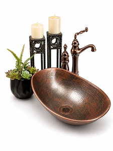 Handmade Hammered Copper Vessel Sink Luxury Oval <b>Bathroom</b> Wash Basin for Countertop <b>Vanity</b> Installation - Product Image 1