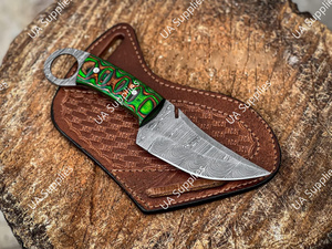 มีดเหล็กดามัสกัสแบบเต็มด้าม คุณภาพสูง ปลายใบมีดแบบคลิปพอยต์ มีรูสำหรับนิ้ว ทำด้วยมือ สำหรับล่าสัตว์ ตั้งแคมป์ พกพาอเนกประสงค์ OEM/ODM DIY-Pakka - Product Image 2