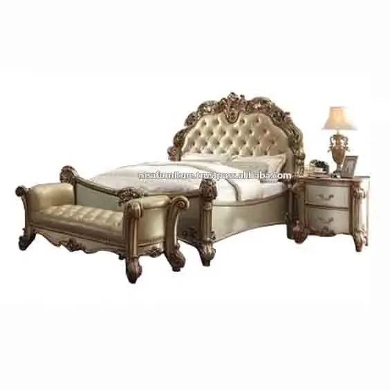 Luxury Italian leather classic antique hand carved wood bed frame bedroom furniture