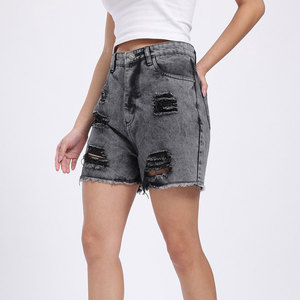 Shorts en jean déchirés taille haute pour femme, en coton, cinq poches, fermeture boutonnée, style décontracté - Product Image 2