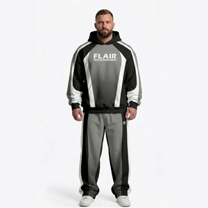 Ensemble de survêtement en molleton gris dégradé pour homme, avec logo personnalisé, sweat à capuche et pantalon de jogging, panneaux contrastants, style streetwear, deux pièces - Product Image 2