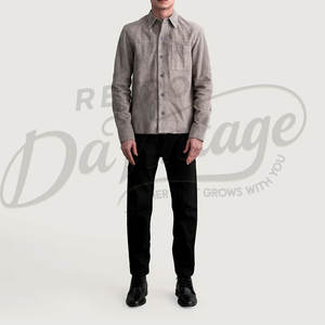 เสื้อแจ็คเก็ตหนังกลับสีเทาสำหรับผู้ชาย หนังแกะแท้ ทรงเข้ารูป สไตล์ลำลอง ติดกระดุม น้ำหนักเบา มีกระเป๋าหน้าอก - Product Image 4