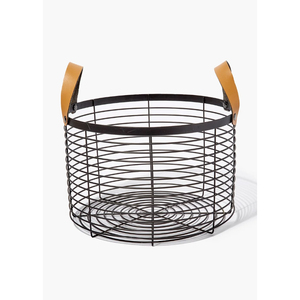 Stylish Round Metal <b>Wire</b> <b>Storage</b> <b>Basket</b> With Premium Leather Handles Home Decor Organizer For Kitchen Pantry Bathroom Use - Product Image 1