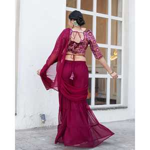 Sari indien en mousseline de Banarasi avec broderies de sequins, couleur bordeaux, pour mariages, Diwali, fêtes, collection de luxe ethnique pour femmes - Product Image 6
