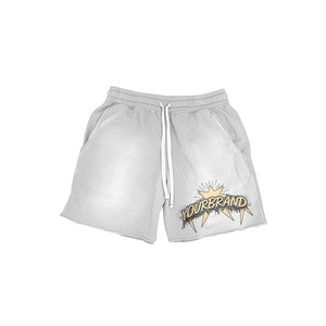 Pantalones cortos de algodón para hombre con efecto lavado ácido, bajo sin rematar, estampado serigrafiado, logo en relieve, estilo streetwear personalizado, ajuste holgado - Product Image 2