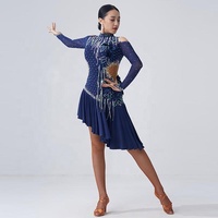 Robe de danse latine, Costumes de compétition, jupe, robes de spectacle, strass, taille personnalisée, robe bleu foncé, à vendre, L-2045