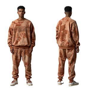 Conjunto Deportivo para Hombre, Lavado Ácido, Estilo Desgastado, Color Naranja Oxidado, Talla Grande, Paneles Acanalados, Tejido de Punto - Product Image 2