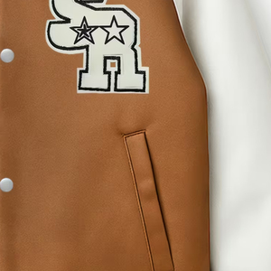 Blouson Teddy en Cuir PU Chaud pour Femme 2026, Marron et Blanc, Manches Brodéées avec Logo, Col Rabattu, Manches Longues, Vêtement d'Hiver - Product Image 6
