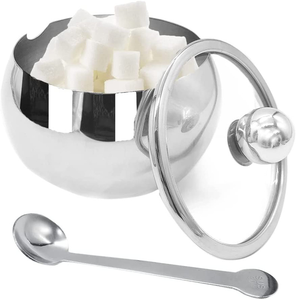 Stainless Steel Sugar <b>Cube</b> Pots With Lid & Spoon Minimalist Design Glossy Surface Rust Resistant Kitchenware - Product Image 1