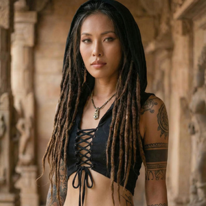 Haut court à capuche sans manches style nomade, léger, en rayonne noire, pour la plage - Product Image 3