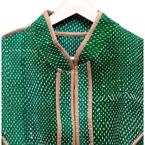 Chaqueta sin mangas de punto con estampado verde, cuello mandarín y ribete en contraste, de algodón transpirable, para otoño y verano. - Product Image 4