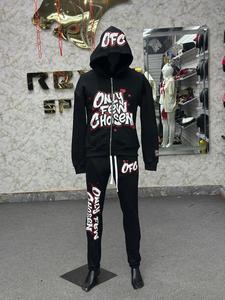 Survêtement unisexe noir en coton 100% léger et respirant, coupe ample, avec capuche et fermeture éclair intégrale, effet délavé, style streetwear - Product Image 3