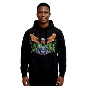 Sweat-shirt à capuche noir pour homme avec imprimé aigle et moteur, coupe classique, style décontracté, poche avant, impression sérigraphiée - Product Image 3