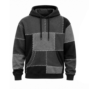Sweat-shirt à capuche polaire vintage délavé pour homme, style gothique Halloween, avec patchwork et broderie en point de croix, coupe oversize et poche kangourou - Product Image 3