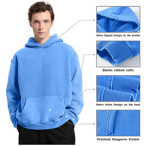 เสื้อฮู้ดผู้ชายแขนยาวสีฟ้าอ่อน สไตล์ลำลอง ผ้าถัก ระบายอากาศได้ดี เหมาะสำหรับฤดูหนาว ล้างสีแบบแอซิดวอช ลดราคาพิเศษ - Product Image 2