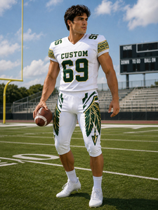 Ensemble d'uniformes de football américain personnalisés blanc, vert, or, maillot sublimé, pantalon, col en V, manches courtes, maille respirante - Product Image 3