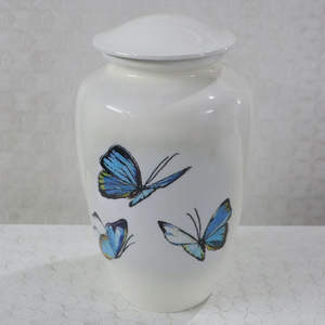 Urne funéraire en porcelaine blanche avec motif de fleurs roses et d'oiseaux en vol pour un hommage commémoratif délicat - Product Image 6
