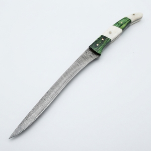 Couteau à fileter en acier Damas, manche en bois vert, fait main, pour la pêche et le désossage, ambidextre, style traditionnel, étui en cuir - Product Image 1