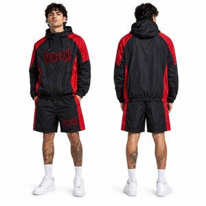 Scream Hooded Track <b>Jacket</b> And Shorts Set <b>Men</b> Red Black Color Blocking Sporty Style Quick Dry Polyester Spring Wear - Product Image 2