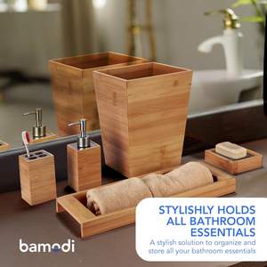 Ensemble d'accessoires de salle de bain tendance et écologique en trois pièces, distributeur de savon en bois de bambou, gobelet, porte-savon, base en béton, luxe - Product Image 3
