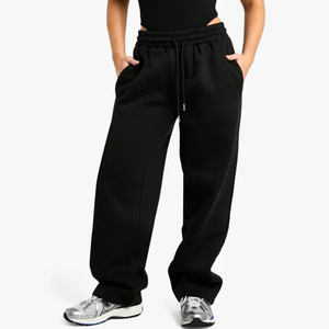 Pantalones deportivos de mujer con logotipo personalizado, negros, de corte recto, de felpa suave, para mujer, talla pequeña. - Product Image 6