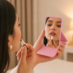 Miroir de maquillage miniature de voyage (11x7cm), miroir pliable portable avec support, léger et fin, pour sac à main, voyage, usage quotidien - Product Image 1