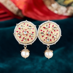 Boucles d'oreilles clous en plaqué rhodium avec pierres Kundan et Meenakari, imitation perle - Motif Paix - Cadeau - Product Image 3