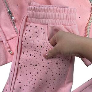 Ensemble de survêtement 2-en-1 surdimensionné en coton imprimé et brodé pour l'automne, avec sweat à capuche et pantalon de jogging, grande taille, vente en gros, sweat à capuche orné de strass (OEM/ODM) - Product Image 2