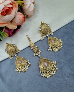 Tear Drop Motif <b>Pearl</b> Fringe <b>Necklace</b> <b>Set</b> With Earrings & Mangtika Gold Plated Wedding Reception Ethnic Jewellery <b>Set</b> Wholesaler - Product Image 3