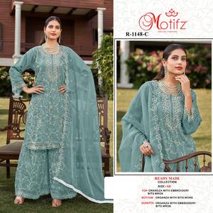 Ensemble élégant en organza Gharara avec mèches de broderie et fond Sarara assortis, parfait pour les occasions festives - Product Image 3