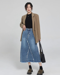 Jupe longue en jean esthétique pour femme, style décontracté, avec ceinture, coupe crayon, tricotée, couleur délavée, pour les fêtes printemps-été - Product Image 3