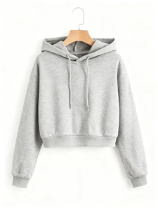 Sudadera con capucha corta gris para mujer, de manga larga, informal, de color liso, de punto, para otoño - Product Image 1