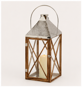 Farol de madera natural con tapa de acero inoxidable, portavelas grande estilo rústico, farol decorativo colgante para decoración del hogar y jardín - Product Image 1