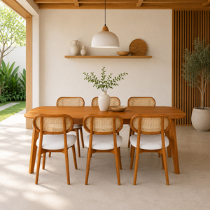 Ensemble de table à manger ovale en teck massif Niwara avec chaises rembourrées à dossier en rotin tressé, 6 pièces, style moderne du milieu du siècle, de qualité supérieure, pour cuisine et hôtel - Product Image 5