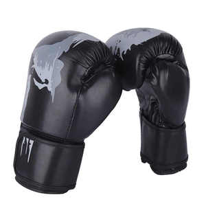 Gants de boxe noirs en PU avec impression gris métallisé, équipement d'entraînement complet pour adultes, arts martiaux, fermeture Velcro - Product Image 1