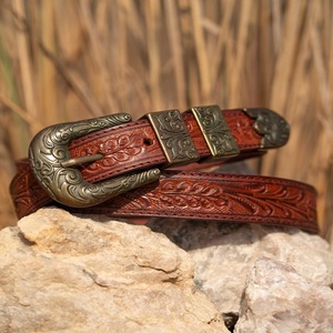 Cinturón de Cuero Estilo Vintage con Hebilla Floral Marrón Grabada y Repujada, Cinturones de Vaquero y Vaquera del Oeste para Hombres y Mujeres - Product Image 2