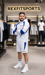 REXFIT SPORTS 2026 ชุดเสื้อแจ็คเก็ตกันลมและกางเกงขาสั้นโพลีเอสเตอร์สำหรับผู้ชายแบบกำหนดเอง ชุดกีฬาทีมวิ่งออกกำลังกายแบบมีฮู้ดน้ำหนักเบา - Product Image 4