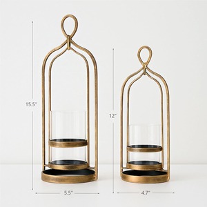 Stunning Gold Metal Candle <b>Lantern</b> <b>Set</b> Featuring An Arched Loop Top Design And Clear Glass Cylinders For Chic Modern Decoration - Product Image 2