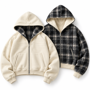 Veste à capuche réversible noire et crème à carreaux, zippée, coupe oversize, streetwear d'hiver, vente en gros personnalisée - Product Image 6