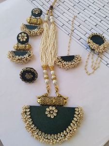 handmade dark green fabric kundan pearl pendant <b>necklace</b> set with earrings maang tikka <b>ring</b> traditional bridal jewellery - Product Image 1
