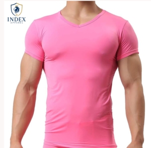 INDEX APPAREL Men's Pink <b>V</b>-<b>Neck</b> Short Sleeve Slim Fit Quick Dry Knitted Polyester <b>T</b>-<b>Shirt</b> Casual Solid Color Regular Length - Product Image 1