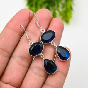 Material Customized 925 <b>Solid</b> Sterling <b>Silver</b> Faceted Blue Sapphire September Month Birthstone Two Stone Hook <b>Earring</b> - Product Image 4