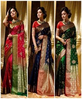 Sari traditionnel en soie rouge modal avec bordure dorée et pallu vert, style Banarasi, pour femmes, idéal pour les fêtes et les mariages, robe ethnique indienne
