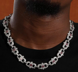 Collar de Cadena con Gema Rosa, Gargantilla de Eslabones en Tono Plateado, Collar con Colgante Floral para Hombres y Mujeres, Joyería para Fiestas - Product Image 1