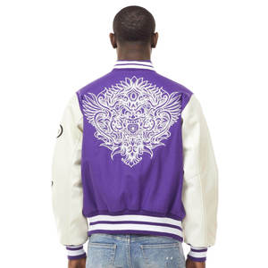 Purple <b>White</b> Varsity <b>Jacket</b> <b>Men</b> Wool Blend Letterman <b>Jacket</b> Embroidered Demon Panel Regular Fit Winter Outerwear - Product Image 3