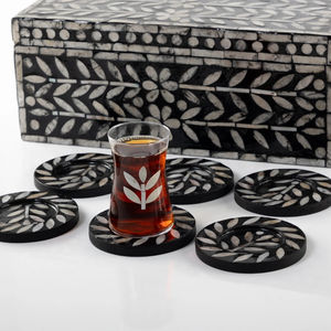 Elegant Luxury Black Mother of Pearl Inlaid <b>Tea</b> Glass Set with Matching Coasters and Storage Box Wholesale - Product Image 2
