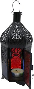 <b>Black</b> Iron <b>Lantern</b> With Colored Glass Panels And Intricate Cutout Design For Home Decoration - Product Image 2